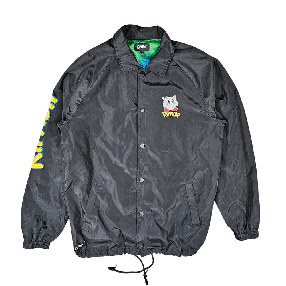 RIPNDIP NERMBY COACH JACKET BLACK - MEN’S SIZE LARGE - RAINBOW CAT GRAPHIC